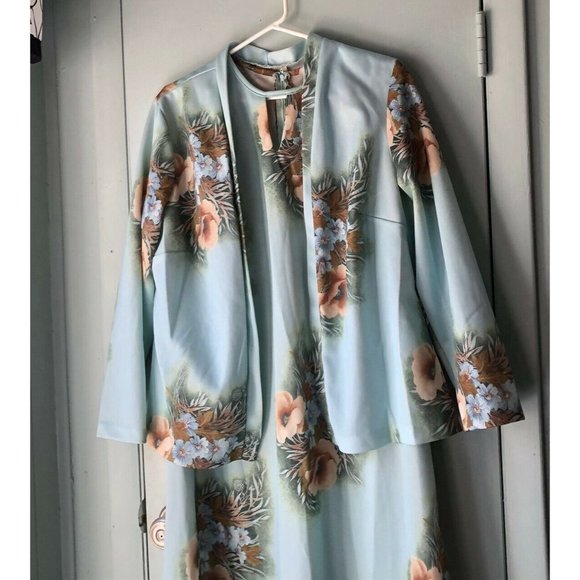 Vintage long maxi dress tropical floral fabric polyester 2 piece with jacket - Picture 7 of 9